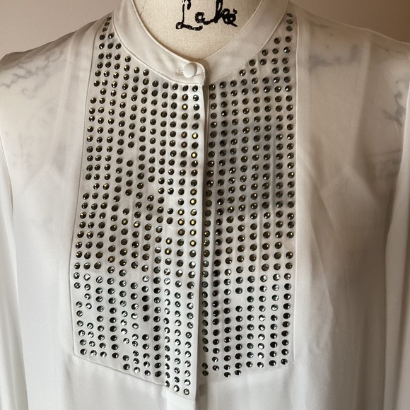 Long Sleeve White Blouse Tunic Top Silver Rhinestones Hidden Buttons Size XSmall - Picture 2 of 12